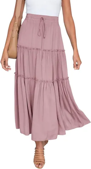 Women's Flowy Maxi Skirt A-Line Pleated Drawstring Skirt Elastic Waist Boho Summer Long Beach Dress