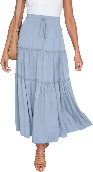 Women's Flowy Maxi Skirt A-Line Pleated Drawstring Skirt Elastic Waist Boho Summer Long Beach Dress