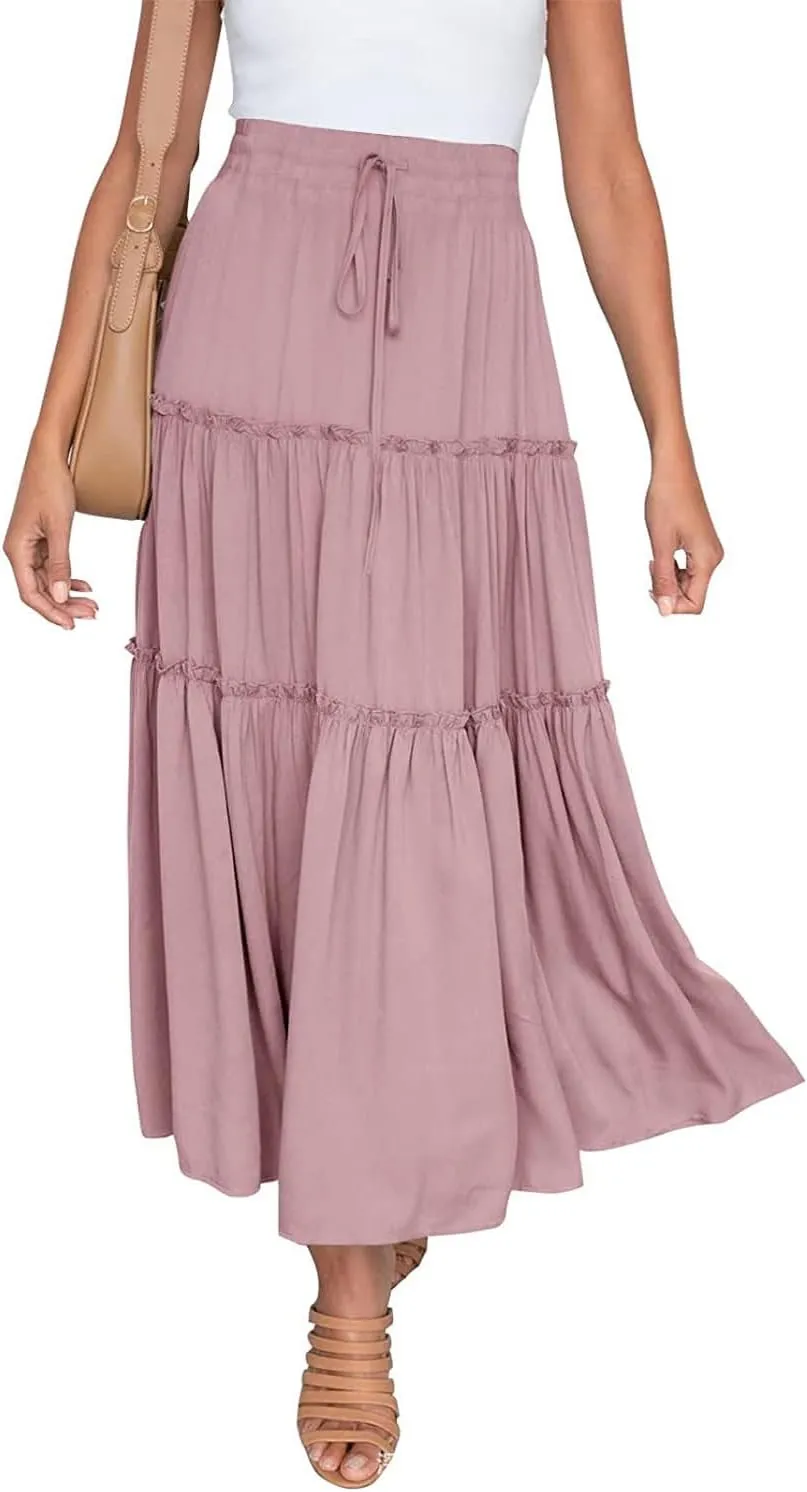Women's Flowy Maxi Skirt A-Line Pleated Drawstring Skirt Elastic Waist Boho Summer Long Beach Dress