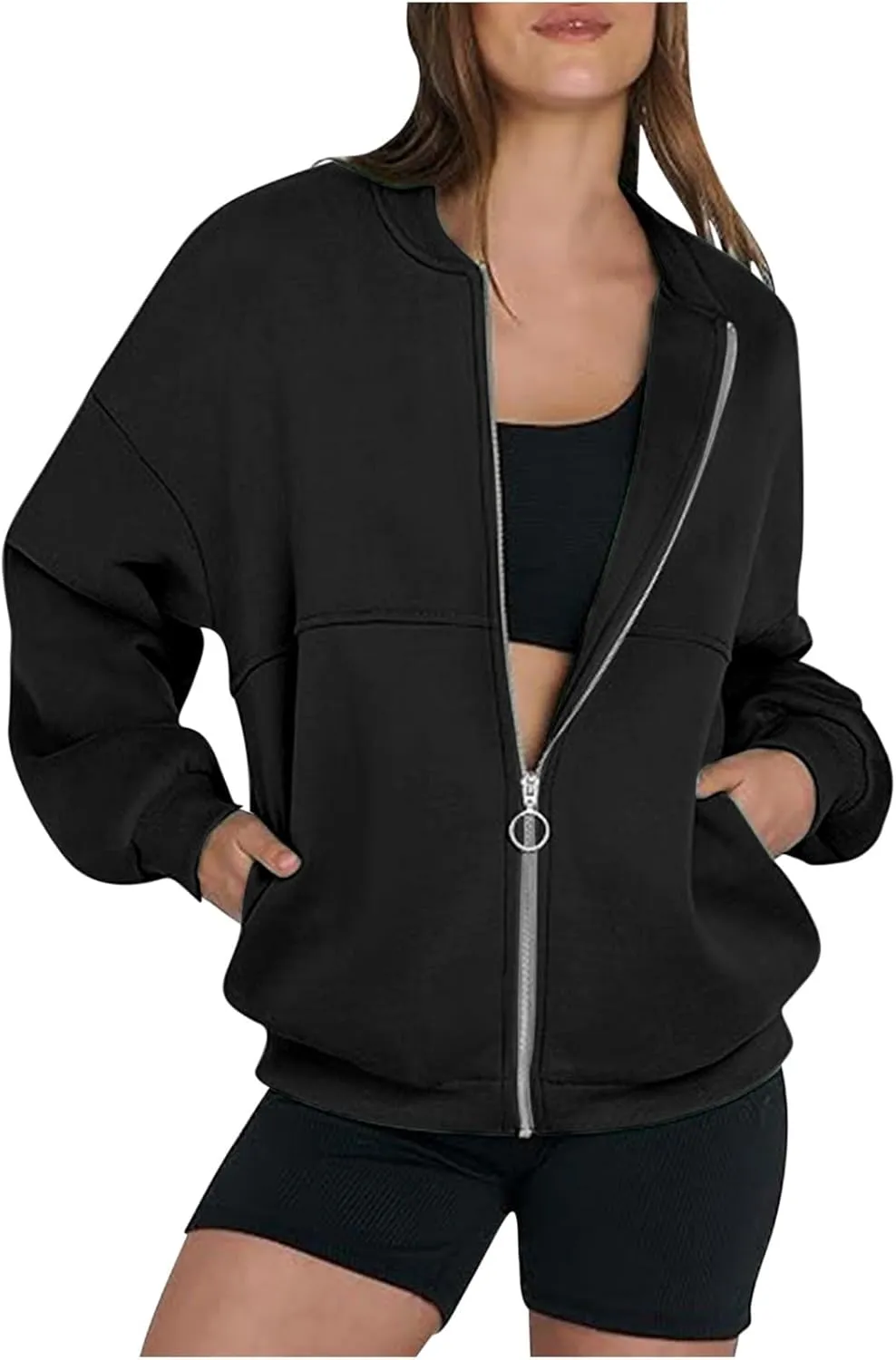 Womens Full Zip Up Sweatshirt Jackets Trendy 2024 Casual Long Sleeve Lightweight Sweatshirts Teen Girls Preppy Clothes