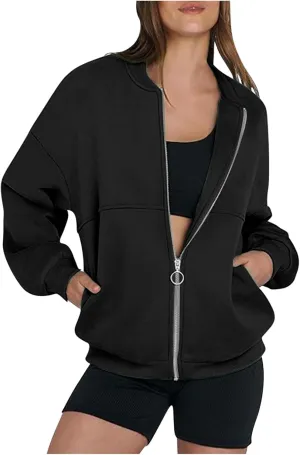 Womens Full Zip Up Sweatshirt Jackets Trendy 2024 Casual Long Sleeve Lightweight Sweatshirts Teen Girls Preppy Clothes