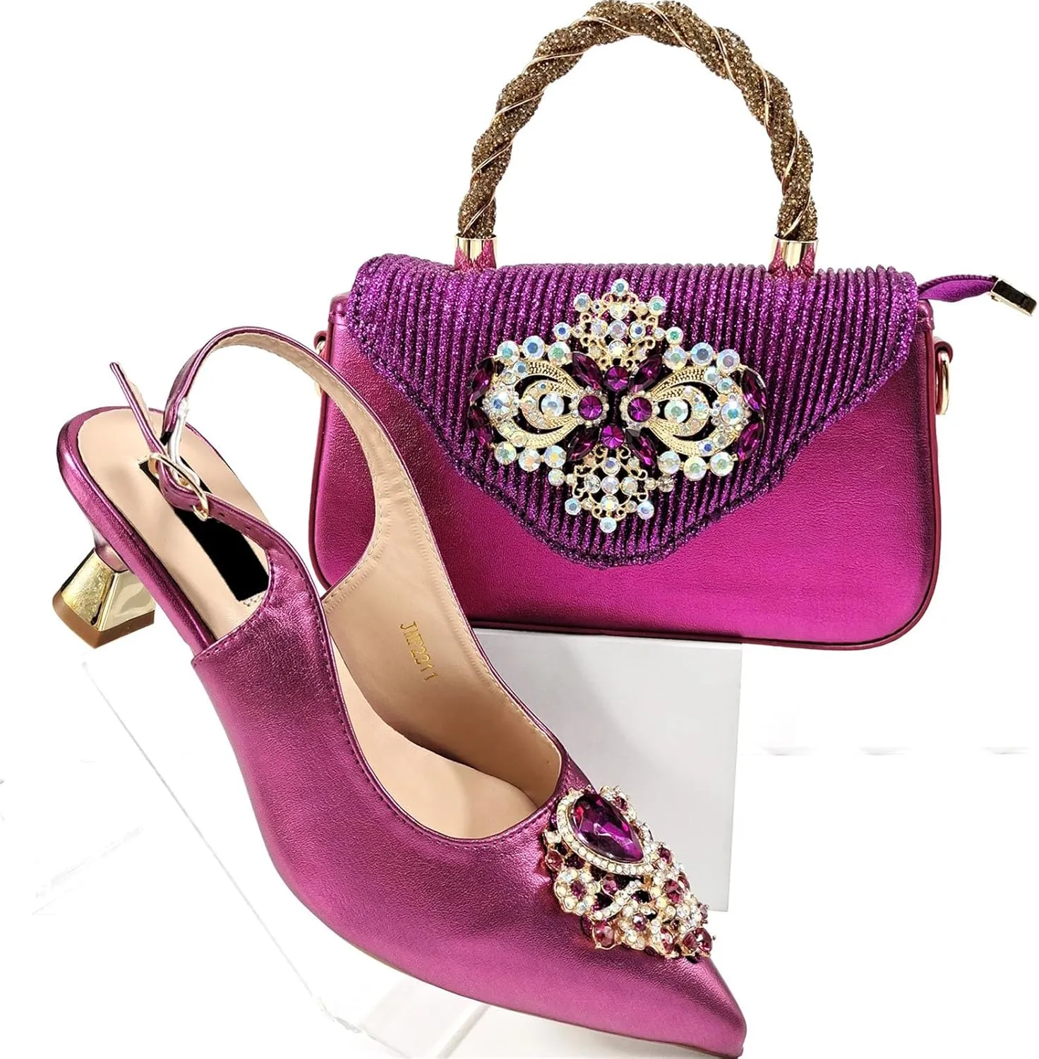 Womens Italian Fashion Party Shoes and Bag Set Rhinestone Wedding Pumps Matching Evening Satin Clutch Purse Bag