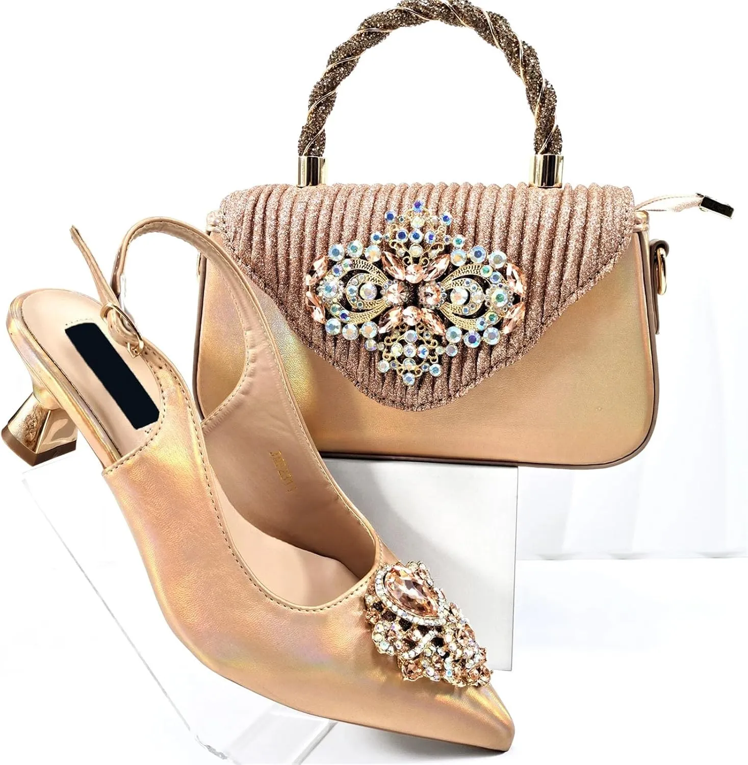 Womens Italian Fashion Party Shoes and Bag Set Rhinestone Wedding Pumps Matching Evening Satin Clutch Purse Bag