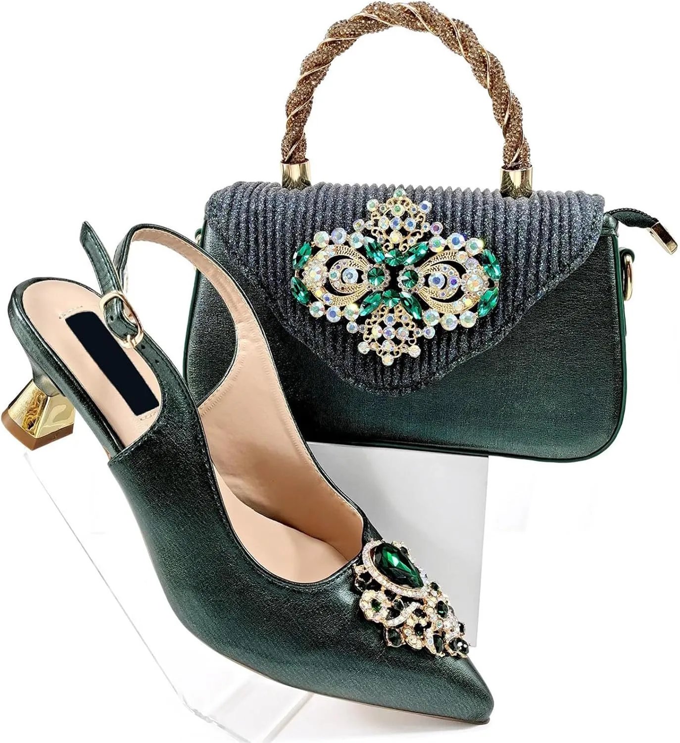 Womens Italian Fashion Party Shoes and Bag Set Rhinestone Wedding Pumps Matching Evening Satin Clutch Purse Bag