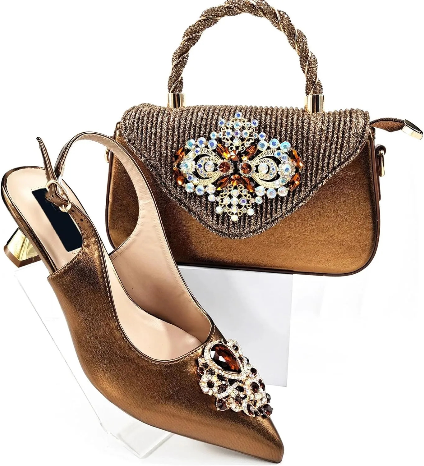 Womens Italian Fashion Party Shoes and Bag Set Rhinestone Wedding Pumps Matching Evening Satin Clutch Purse Bag
