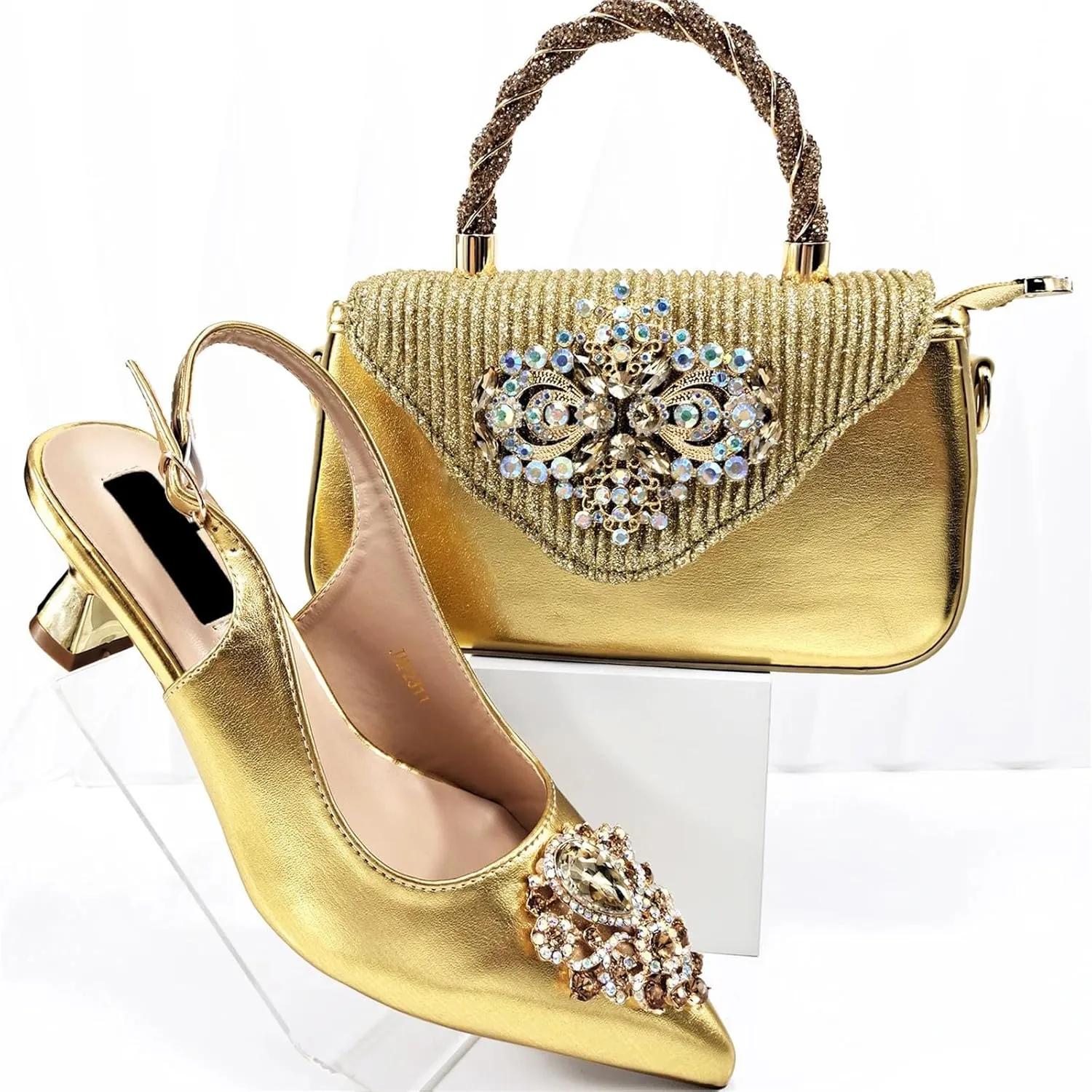 Womens Italian Fashion Party Shoes and Bag Set Rhinestone Wedding Pumps Matching Evening Satin Clutch Purse Bag