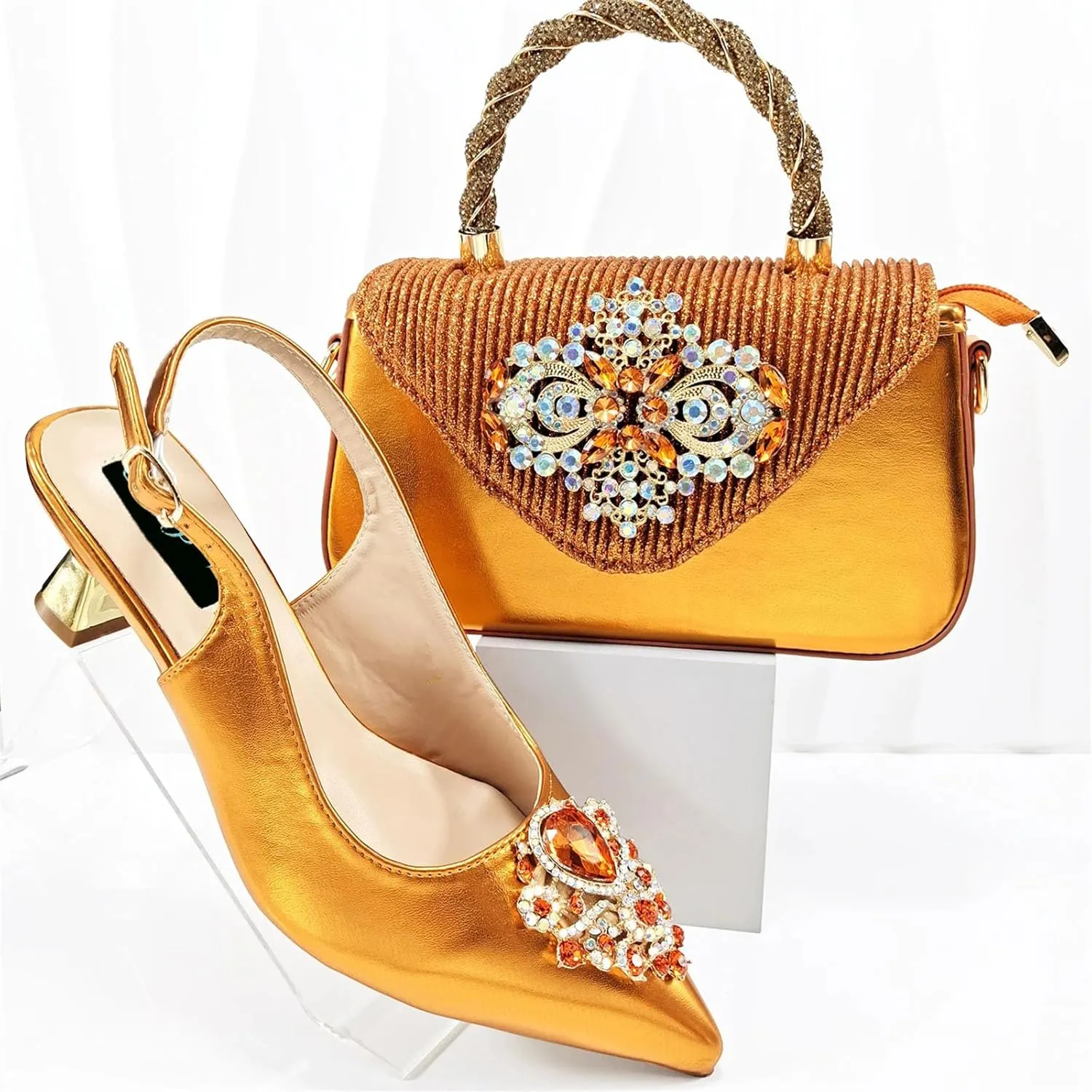 Womens Italian Fashion Party Shoes and Bag Set Rhinestone Wedding Pumps Matching Evening Satin Clutch Purse Bag