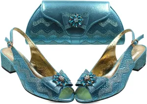 Womens Italian Inspired Wedding Celebration Shoes and Bag Sparkly Crystal Decorated Block Heel for Bridesmaids
