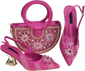 Womens Italian Petal Clutch Wedding Shoes Set Rhinestone Bridal Pumps and Evening Party Sparkly Rhinestone Handbag