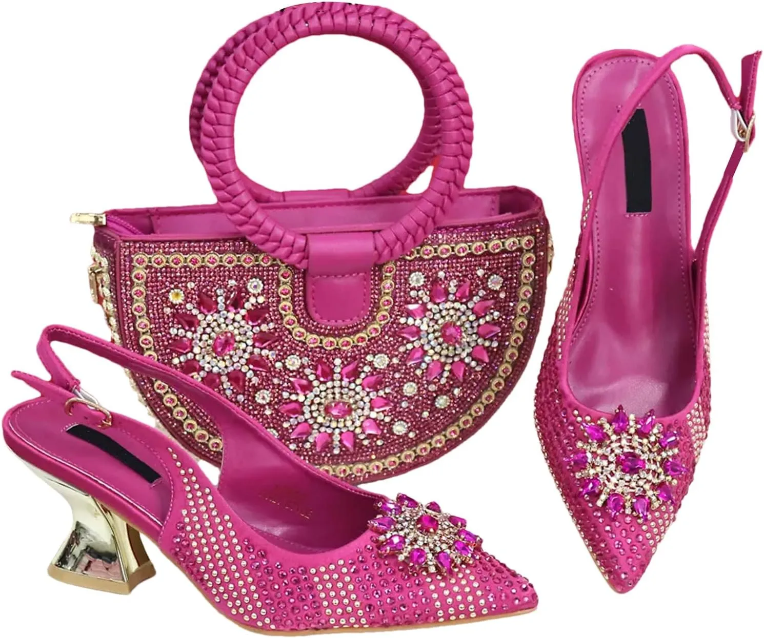 Womens Italian Petal Clutch Wedding Shoes Set Rhinestone Bridal Pumps and Evening Party Sparkly Rhinestone Handbag