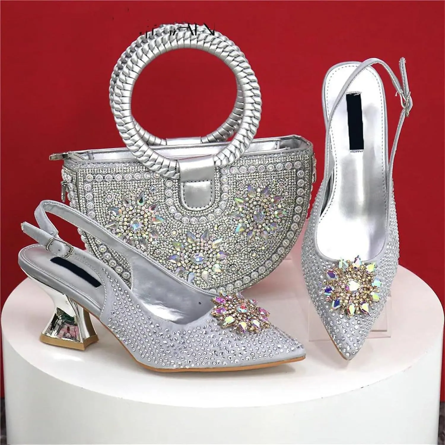Womens Italian Petal Clutch Wedding Shoes Set Rhinestone Bridal Pumps and Evening Party Sparkly Rhinestone Handbag
