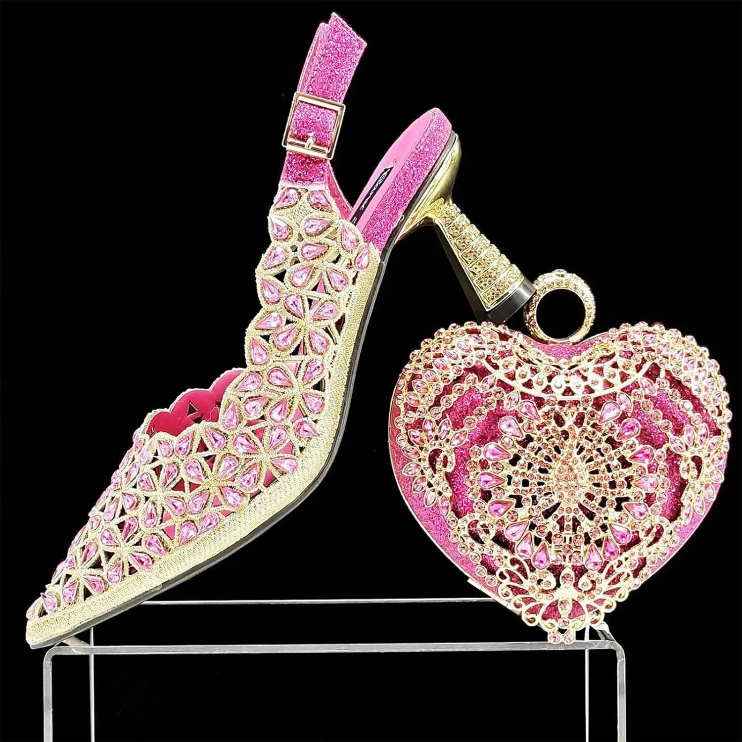 Womens Italian Wedding Shoes Set Bridal Pumps and Matching Evening Bag Rhinestone Beaded Sequin Clutch Purse