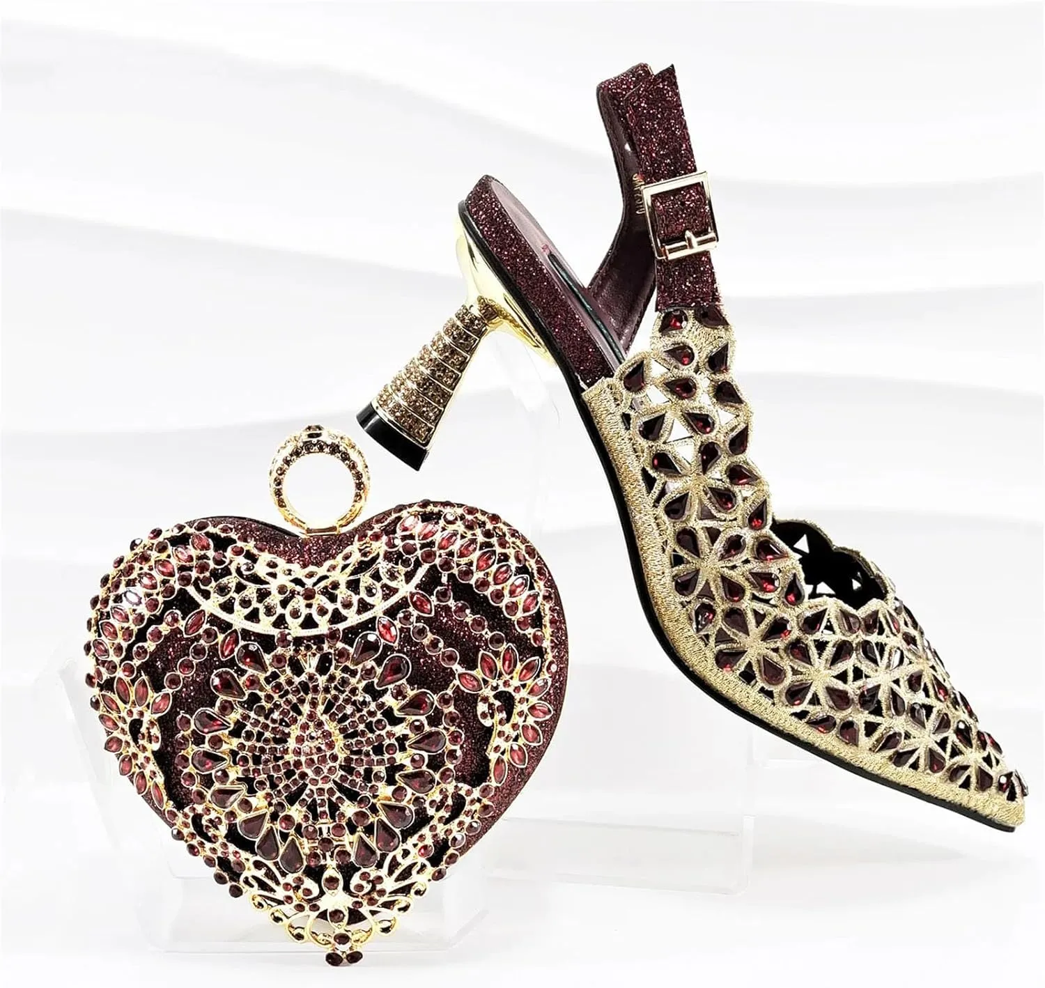 Womens Italian Wedding Shoes Set Bridal Pumps and Matching Evening Bag Rhinestone Beaded Sequin Clutch Purse