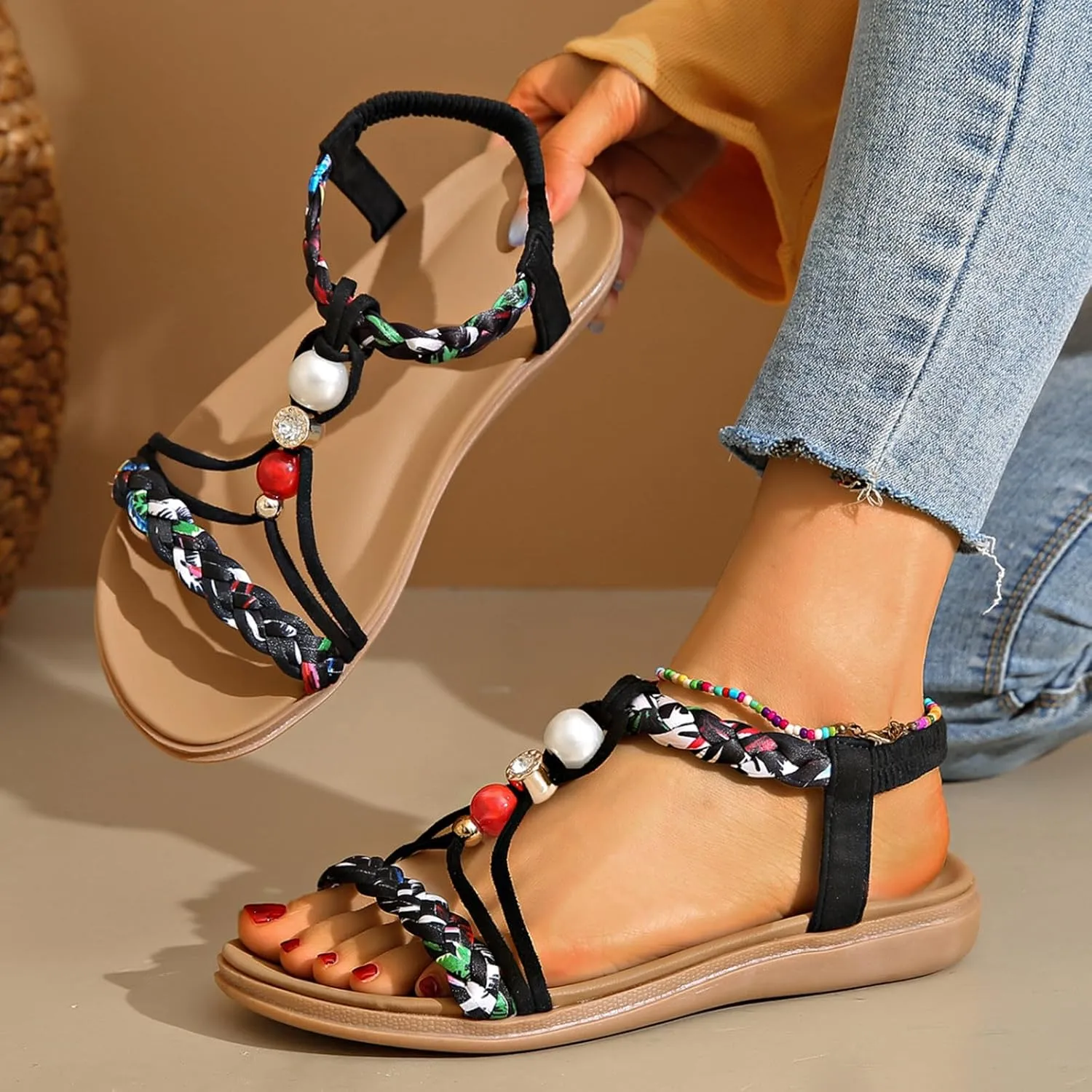 Women's Jeweled Arch Support Sandals Bohimian Beach Shoes Sandals Summer Comfortable Slip-on Orthopedic Sandals 2025