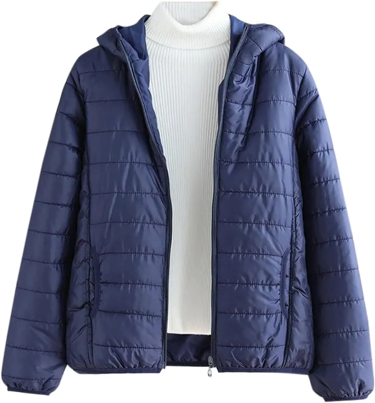 Womens Lightweight Parkas Windproof Slim Fit Solid Long Sleeve Down Jacket Short Bomber Hooded Winter Puffer Jackets