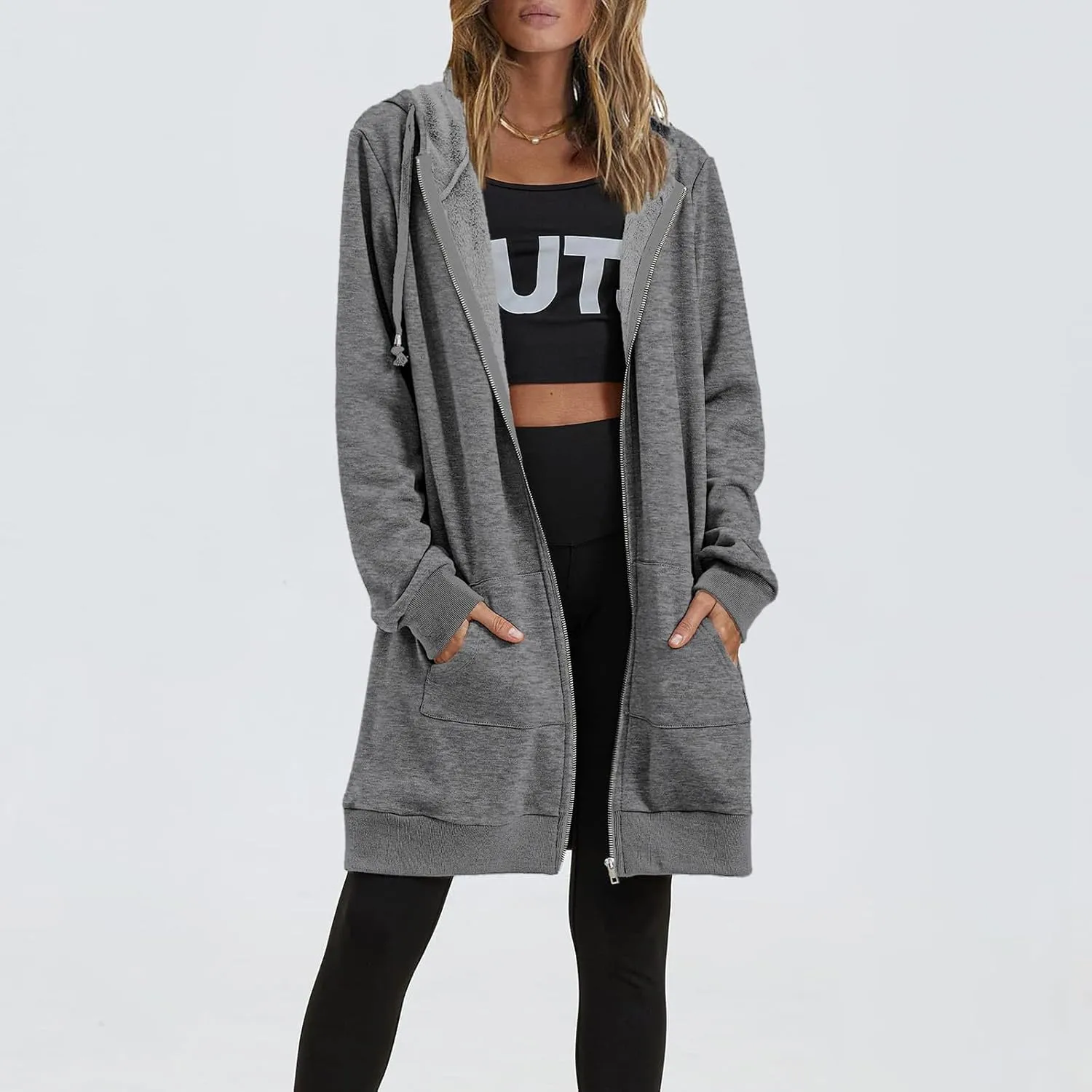 Womens Long Fleece Zip Up Jacket 2024 Fall Casual,Oversized Hoodie Sleeve Sweatshirt with Pockets Winter Coats