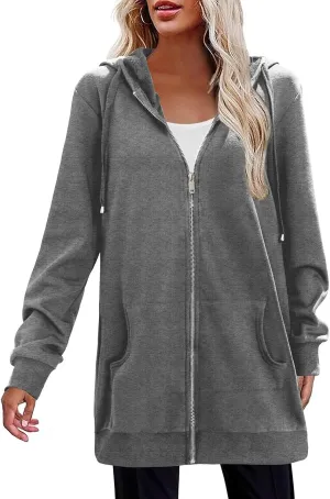 Womens Long Fleece Zip Up Jacket 2024 Fall Casual,Oversized Hoodie Sleeve Sweatshirt with Pockets Winter Coats