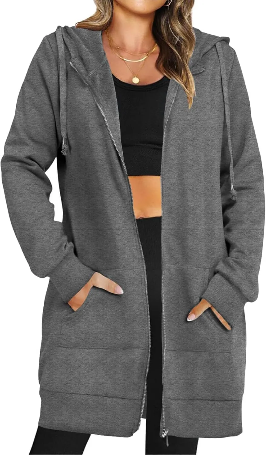Womens Long Fleece Zip Up Jacket 2024 Fall Casual,Oversized Hoodie Sleeve Sweatshirt with Pockets Winter Coats
