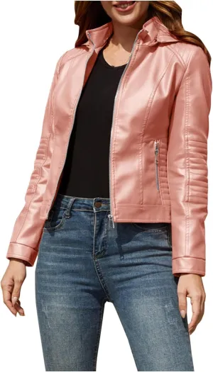 Women's Long Sleeve Zipper Closure Moto Biker Faux Leather Jacket PU Slim Short Biker Outwear Winter Outfits Clothes
