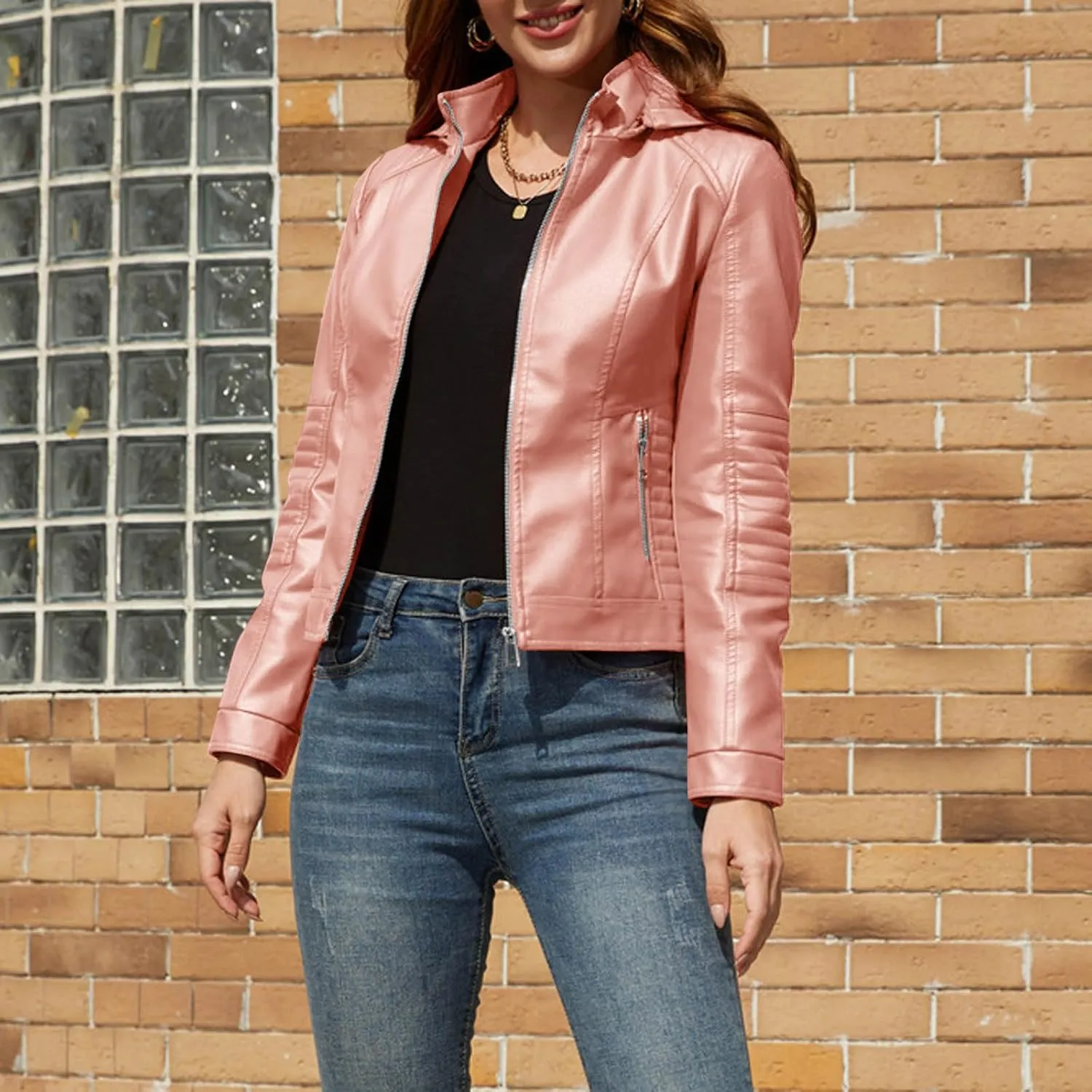 Women's Long Sleeve Zipper Closure Moto Biker Faux Leather Jacket PU Slim Short Biker Outwear Winter Outfits Clothes