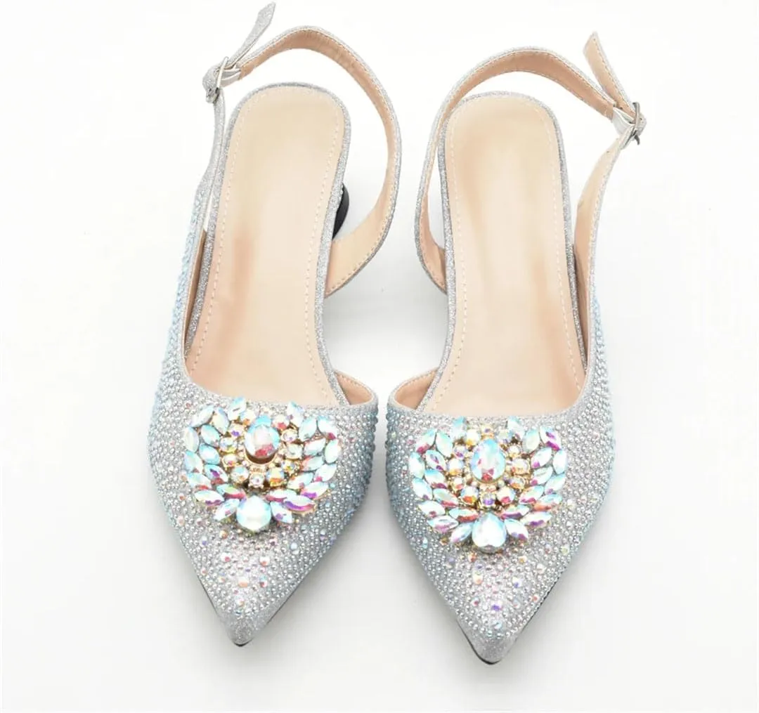 WomenS Luxury Full Diamond Shoes and Bag Set Pointed Toe Hoof Heel Slingbacks for Wedding Party