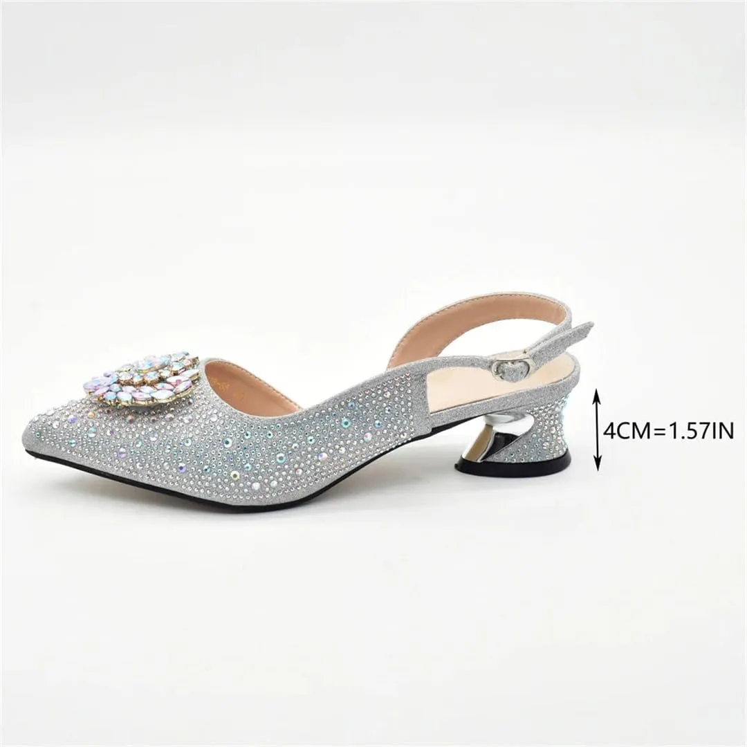 WomenS Luxury Full Diamond Shoes and Bag Set Pointed Toe Hoof Heel Slingbacks for Wedding Party