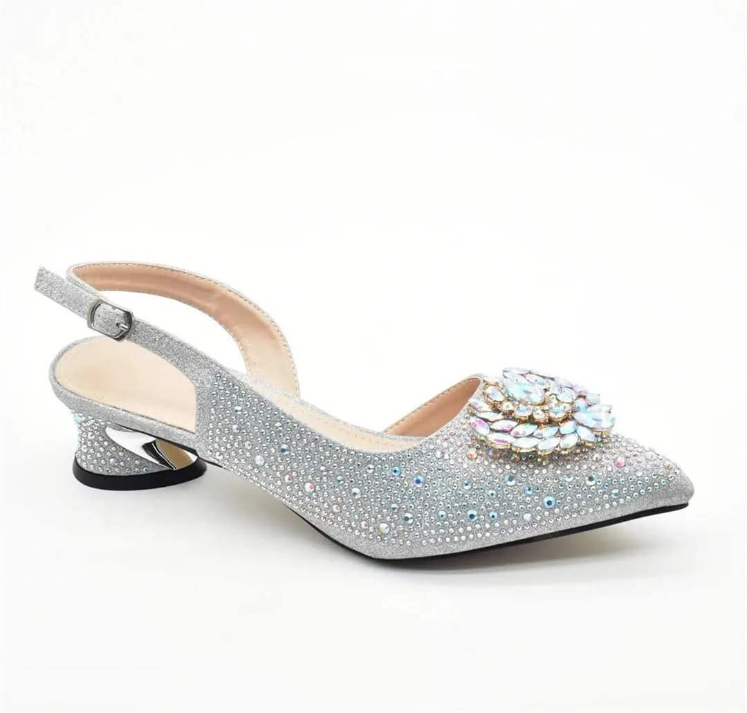 WomenS Luxury Full Diamond Shoes and Bag Set Pointed Toe Hoof Heel Slingbacks for Wedding Party