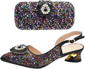 WomenS Luxury Full Diamond Shoes and Bag Set Pointed Toe Hoof Heel Slingbacks for Wedding Party
