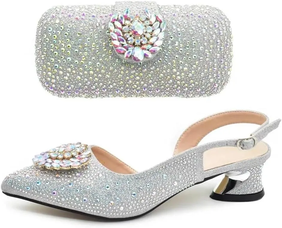 WomenS Luxury Full Diamond Shoes and Bag Set Pointed Toe Hoof Heel Slingbacks for Wedding Party