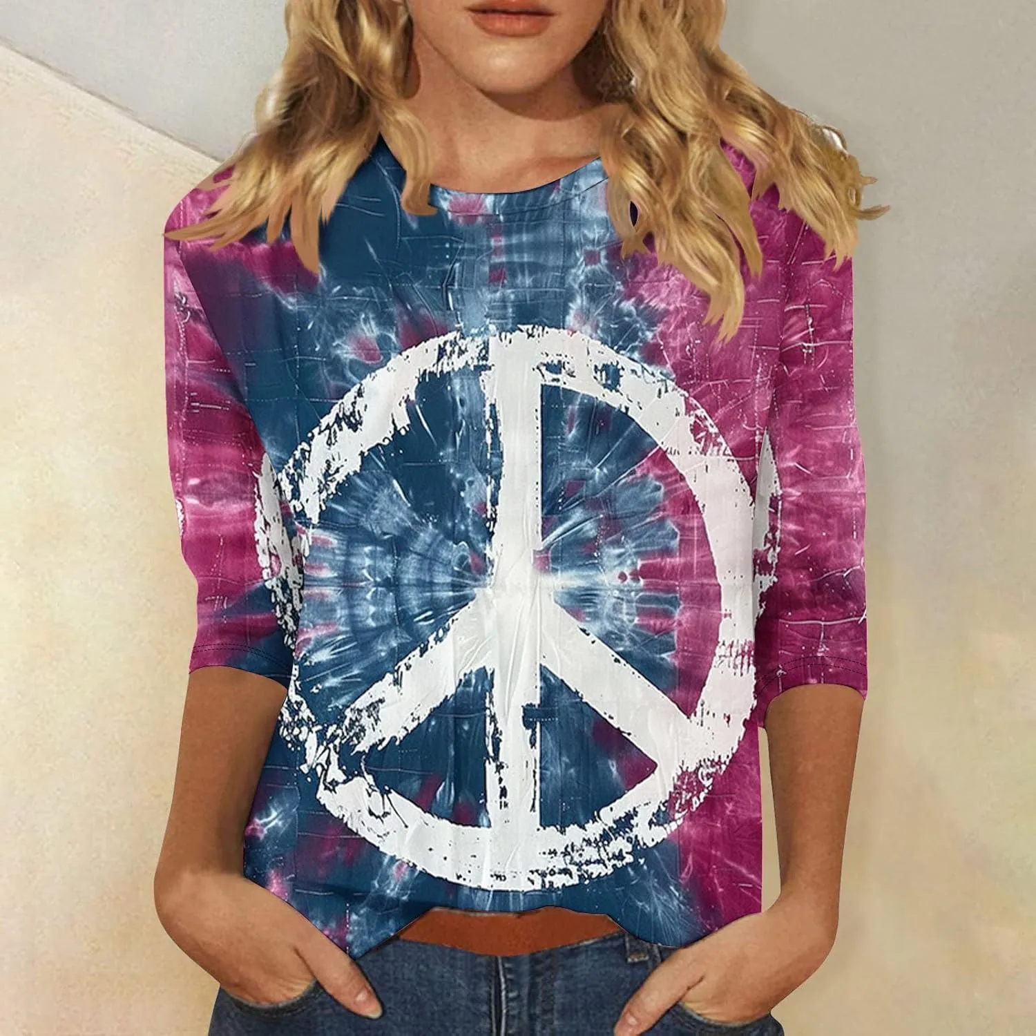 Womens Peace Sign T Shirt Novelty 3D Floral Graphic Tee Cute Ladies Gift 3/4 Sleeve Tunic Tops Vintage Hippie Costume