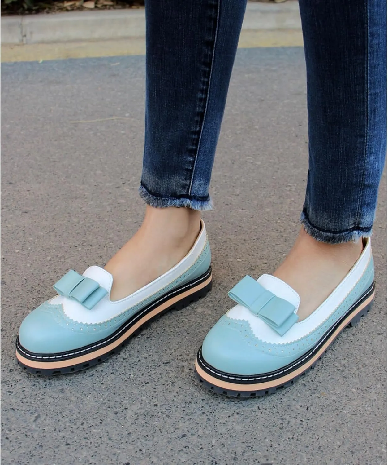 Women's Round Toe Low Block Heels Flat Oxfords Shoes Fashion Patchwork Wingtip Brogues Casual Comfortable Derby Saddle Pumps