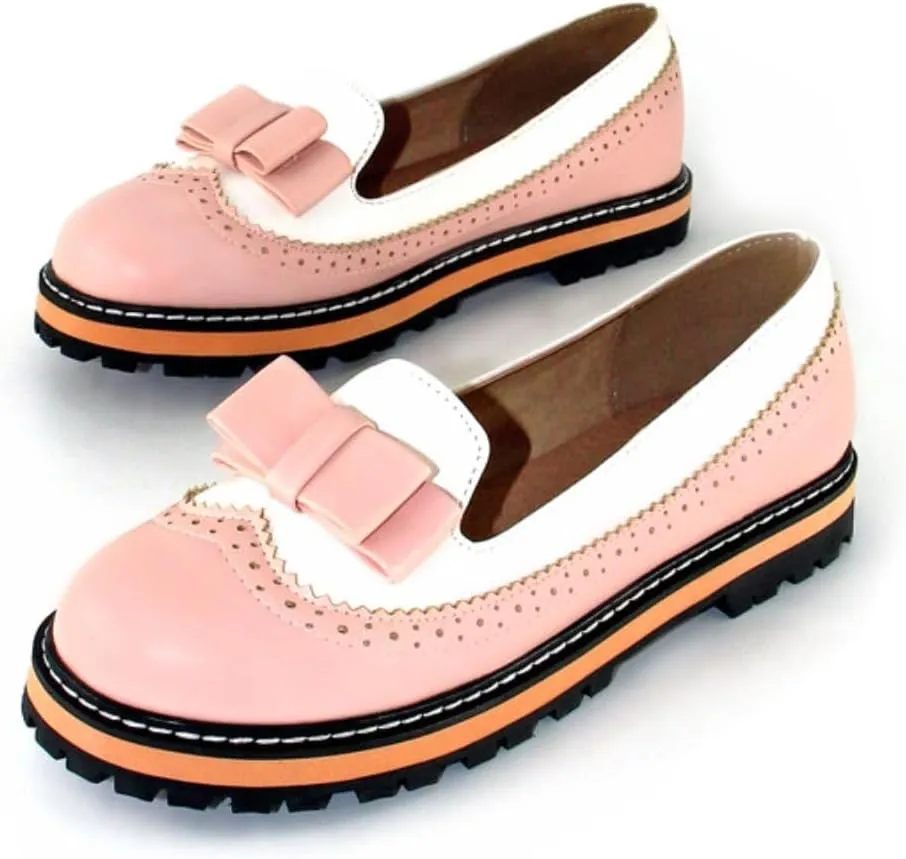Women's Round Toe Low Block Heels Flat Oxfords Shoes Fashion Patchwork Wingtip Brogues Casual Comfortable Derby Saddle Pumps