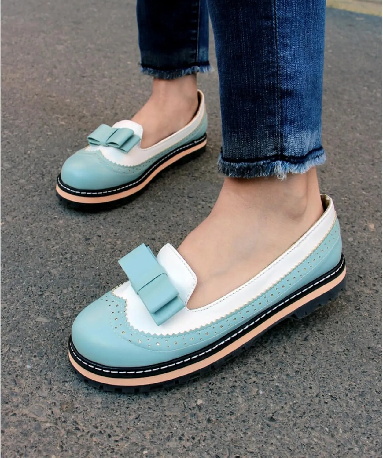 Women's Round Toe Low Block Heels Flat Oxfords Shoes Fashion Patchwork Wingtip Brogues Casual Comfortable Derby Saddle Pumps