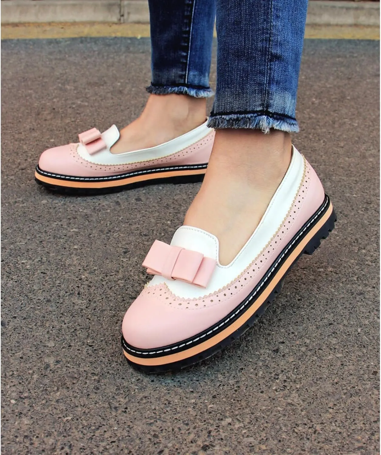 Women's Round Toe Low Block Heels Flat Oxfords Shoes Fashion Patchwork Wingtip Brogues Casual Comfortable Derby Saddle Pumps