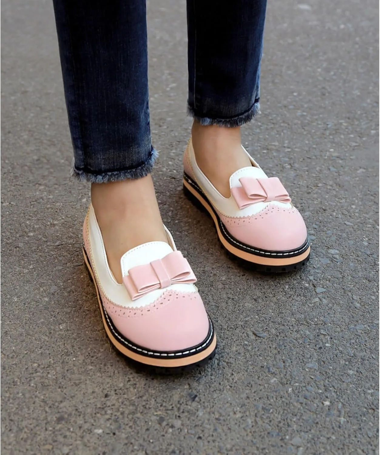 Women's Round Toe Low Block Heels Flat Oxfords Shoes Fashion Patchwork Wingtip Brogues Casual Comfortable Derby Saddle Pumps
