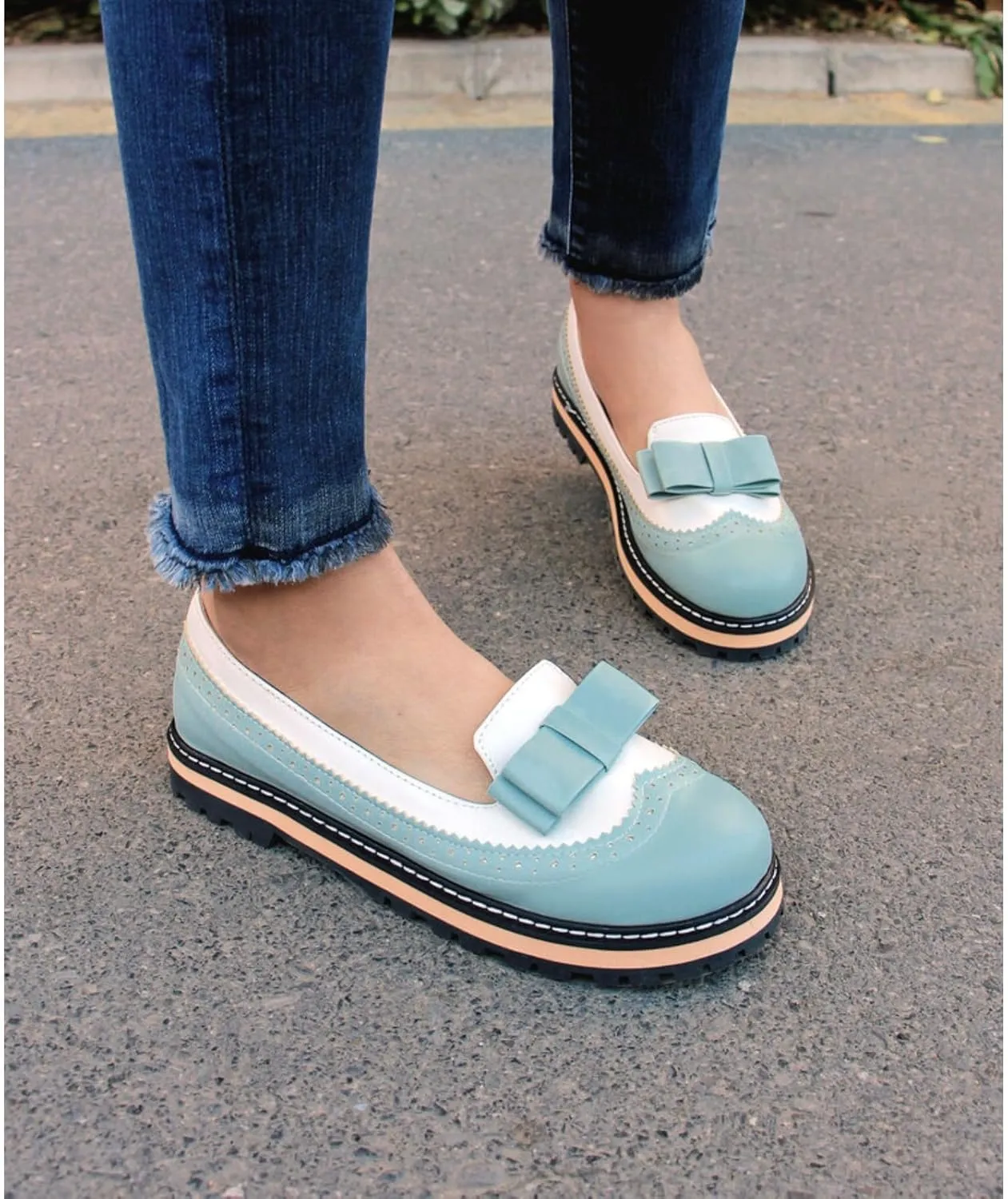 Women's Round Toe Low Block Heels Flat Oxfords Shoes Fashion Patchwork Wingtip Brogues Casual Comfortable Derby Saddle Pumps