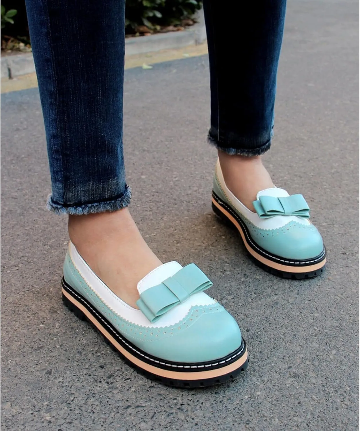 Women's Round Toe Low Block Heels Flat Oxfords Shoes Fashion Patchwork Wingtip Brogues Casual Comfortable Derby Saddle Pumps