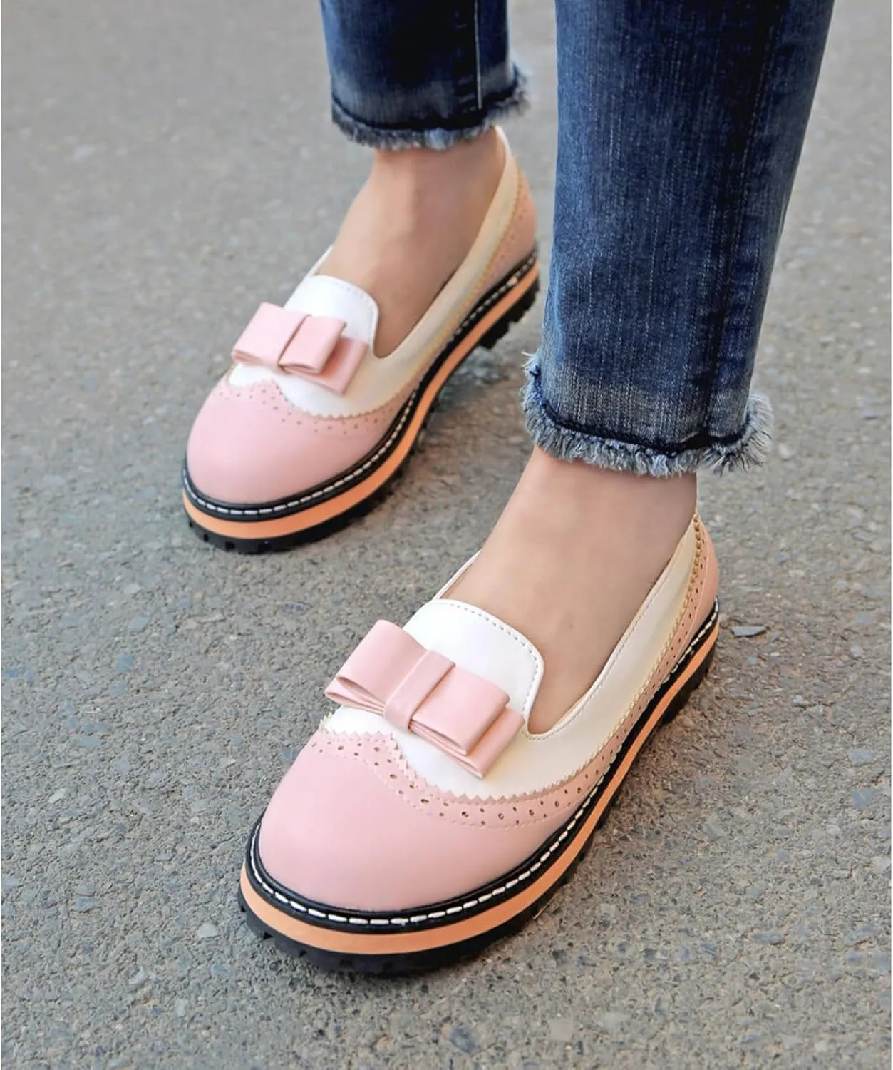 Women's Round Toe Low Block Heels Flat Oxfords Shoes Fashion Patchwork Wingtip Brogues Casual Comfortable Derby Saddle Pumps