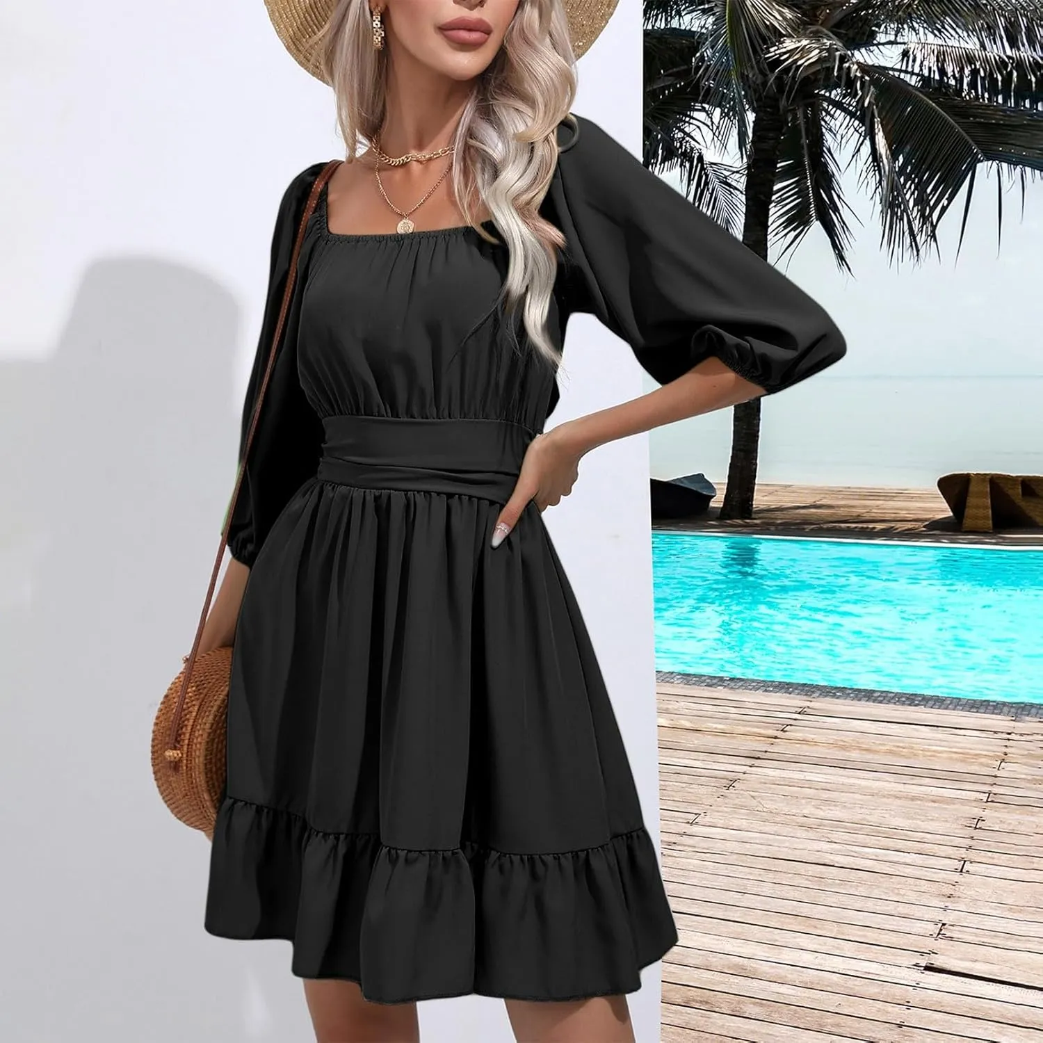 Women's Ruffle Mini Dress Square Neck Casual Party Dress Cute Wedding Guest Dresses Homecoming Cocktail Dresses