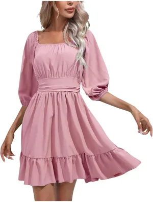 Women's Ruffle Mini Dress Square Neck Casual Party Dress Cute Wedding Guest Dresses Homecoming Cocktail Dresses