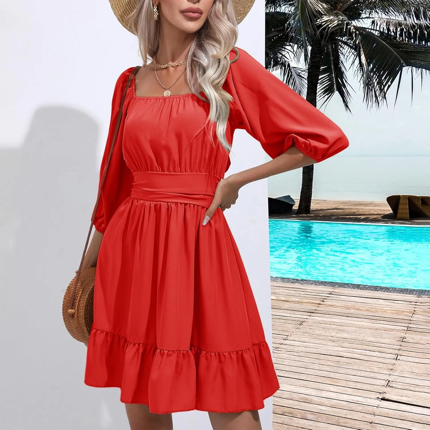 Women's Ruffle Mini Dress Square Neck Casual Party Dress Cute Wedding Guest Dresses Homecoming Cocktail Dresses