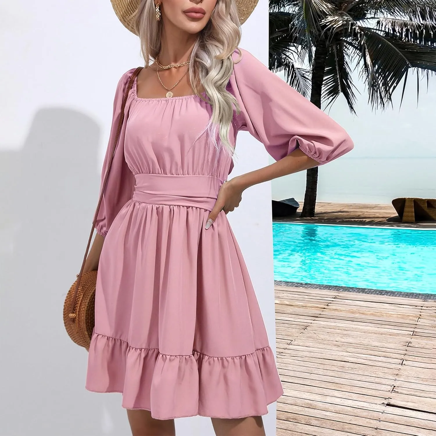 Women's Ruffle Mini Dress Square Neck Casual Party Dress Cute Wedding Guest Dresses Homecoming Cocktail Dresses