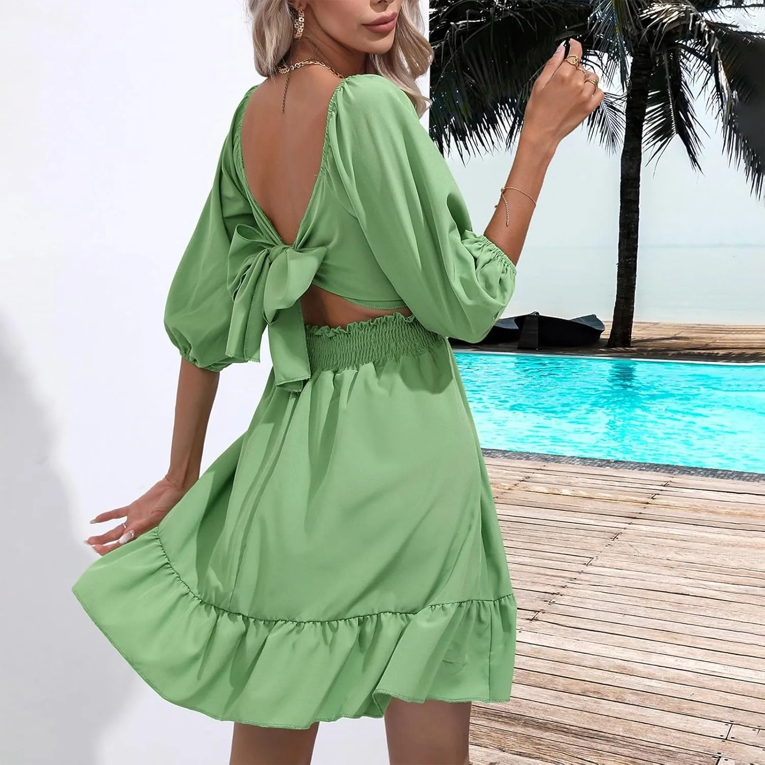 Women's Ruffle Mini Dress Square Neck Casual Party Dress Cute Wedding Guest Dresses Homecoming Cocktail Dresses