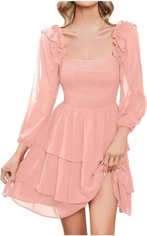 Women's Ruffle Mini Dress Square Neck Casual Party Dress Cute Wedding Guest Dresses Homecoming Cocktail Dresses
