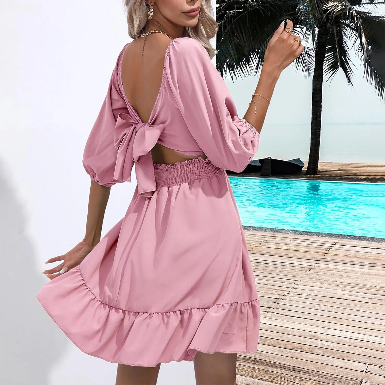 Women's Ruffle Mini Dress Square Neck Casual Party Dress Cute Wedding Guest Dresses Homecoming Cocktail Dresses