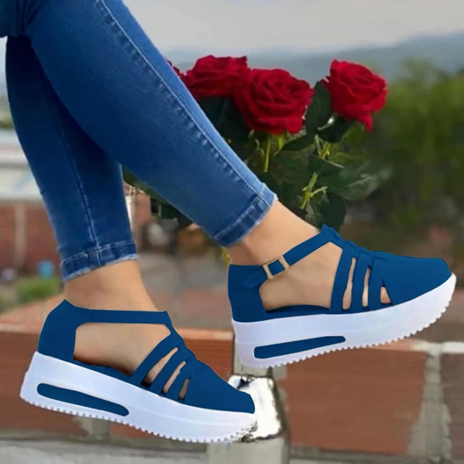 Womens Sandals Dressy Summer Peep Toe Platform Sandals Shoes Wedges Ankle Buckle Flip Flops Orthopedic Stylish Sandals