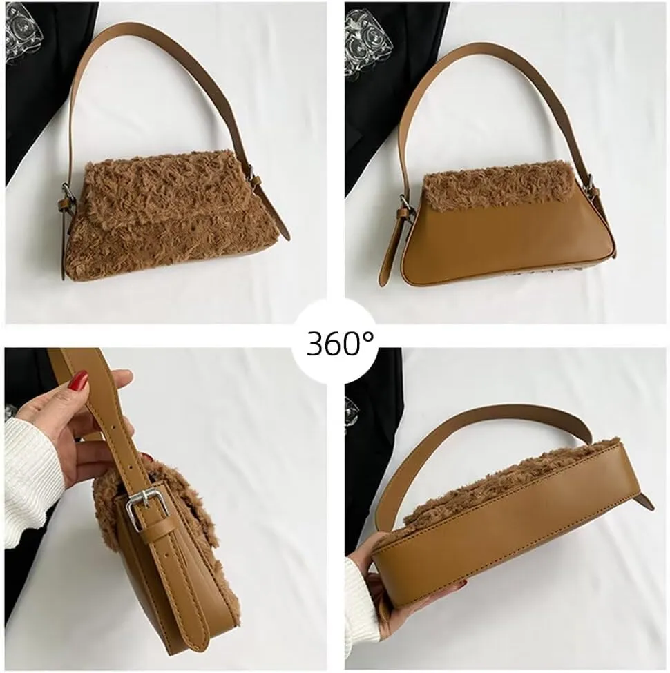Womens Shoulder Bag Designer Tote Bag Lightweight Top Handle Satchel Purse Faux Fur Handbag for Travel Work Shopping