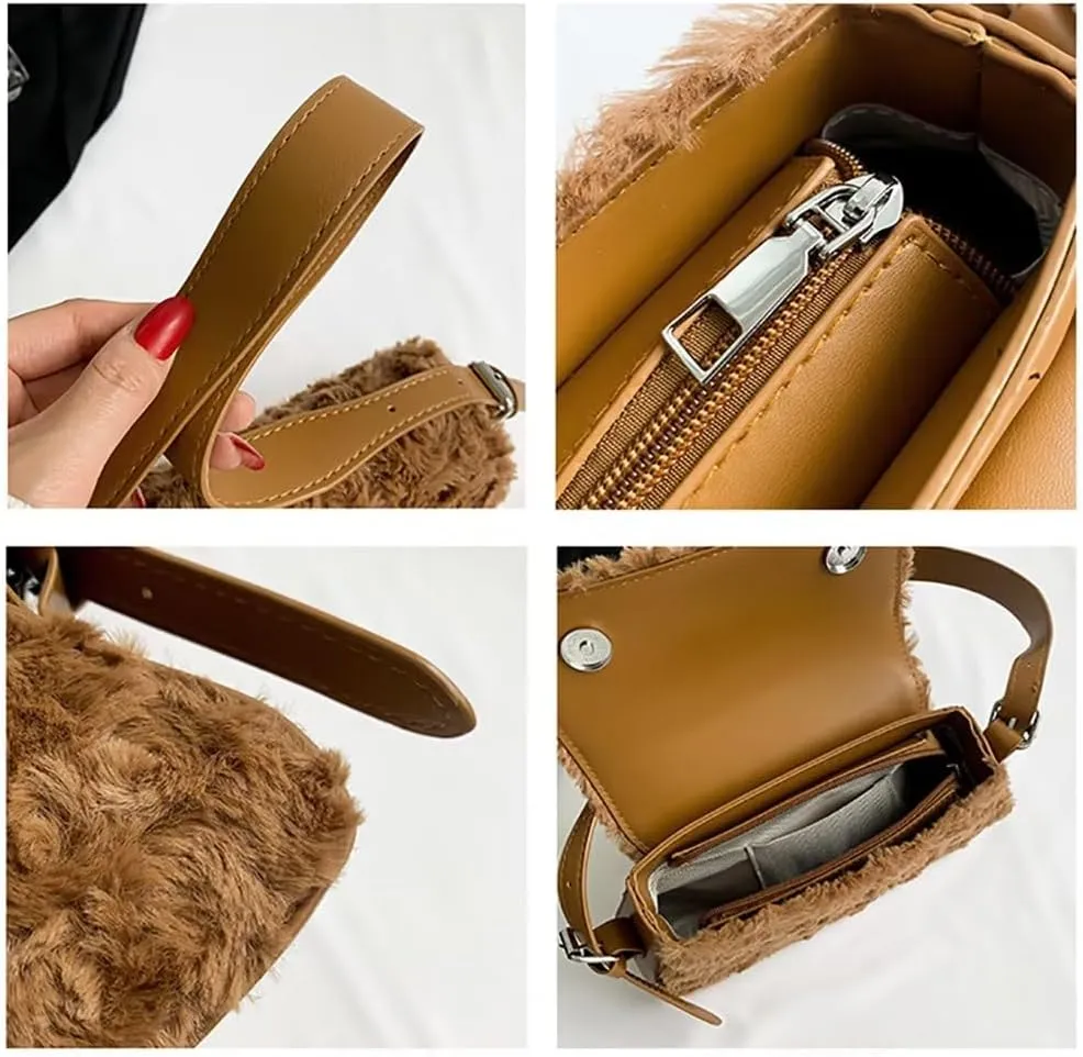 Womens Shoulder Bag Designer Tote Bag Lightweight Top Handle Satchel Purse Faux Fur Handbag for Travel Work Shopping