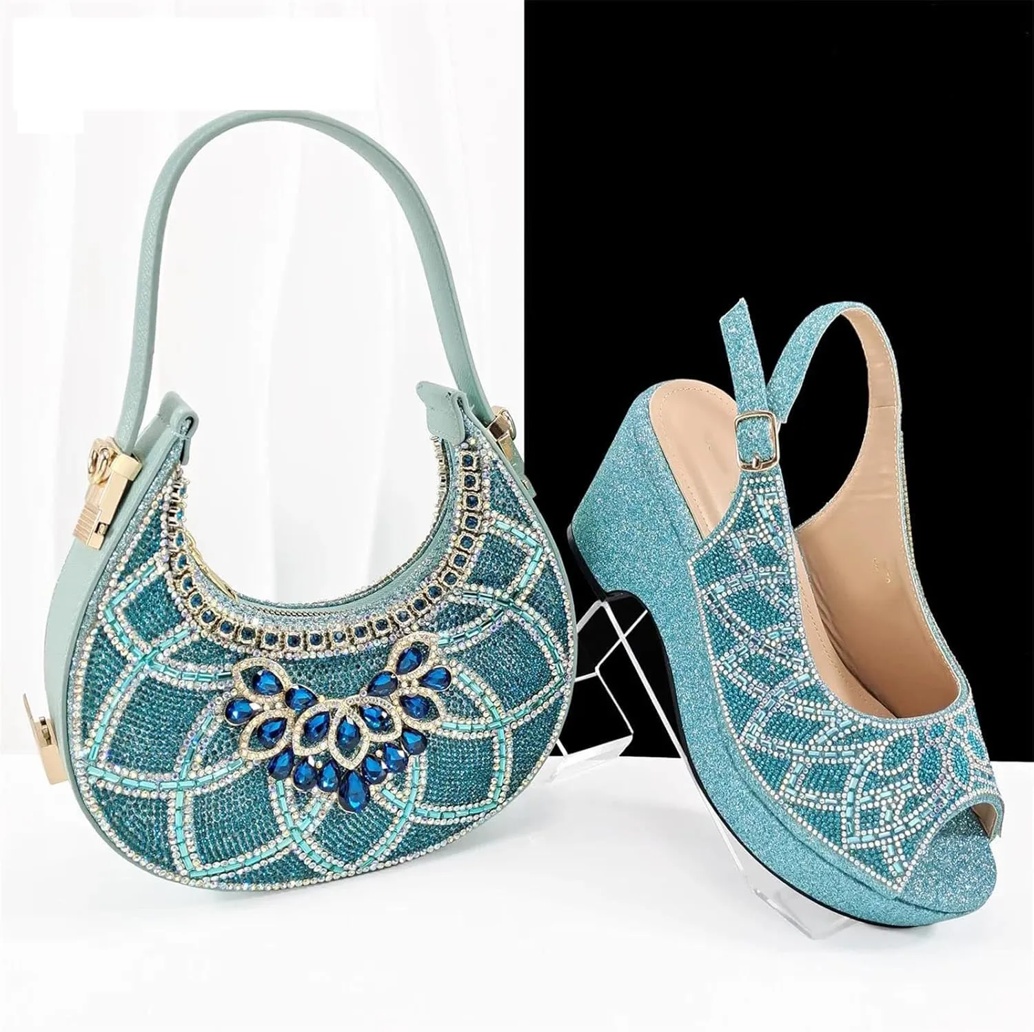 Womens Sky Blue Wedding Shoes Set Rhinestone Bridal Pumps and Matching Evening Party Satin Clutch Purse Bag