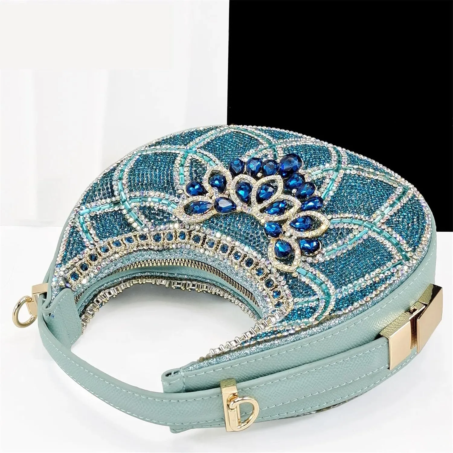 Womens Sky Blue Wedding Shoes Set Rhinestone Bridal Pumps and Matching Evening Party Satin Clutch Purse Bag